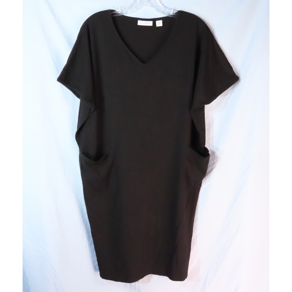 KATE LANDRY Black Knit SHIFT T-SHIRT DRESS Pockets V-Neck BOXY MINIMALIST sz XS